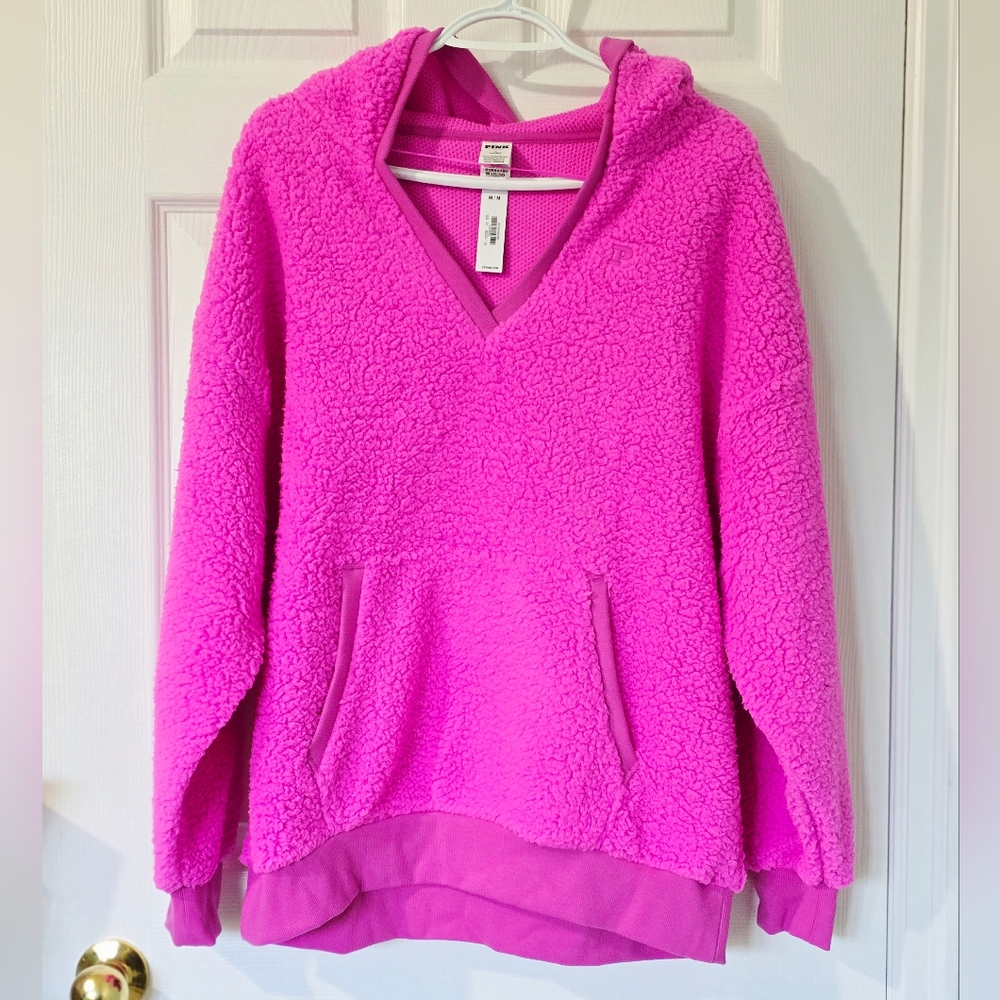 NEW! VICTORIA SECRET PINK Cozy Fleece Pullover Hoodie In Pink Berry Size M
